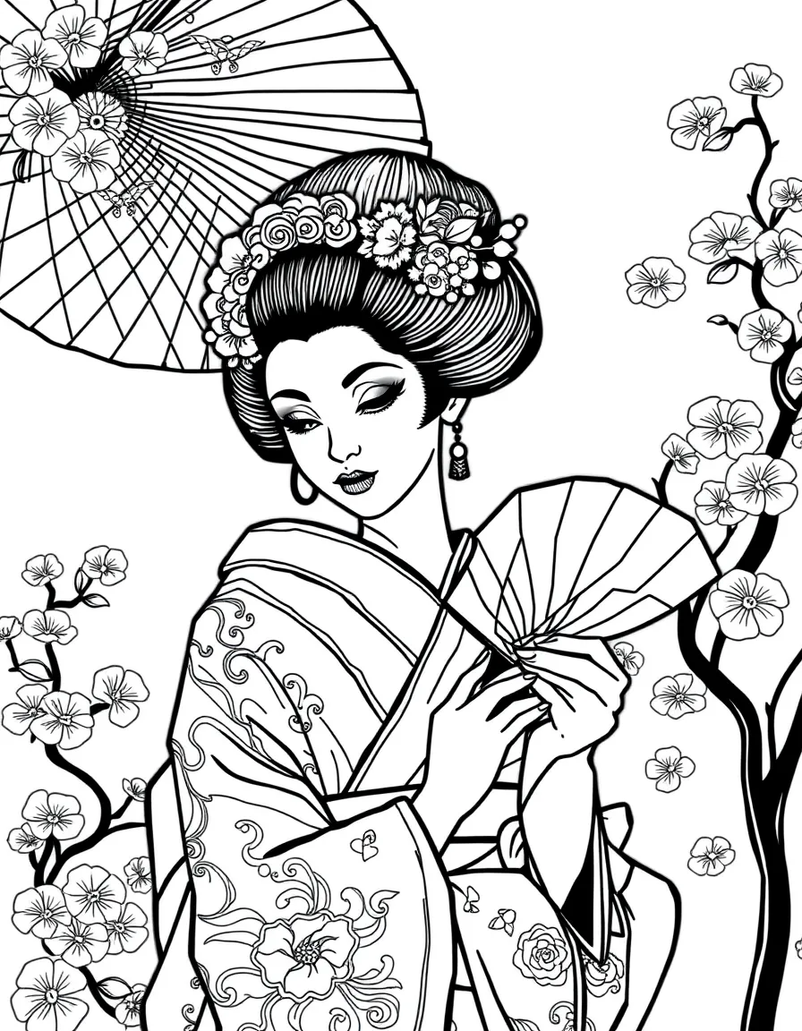 A geisha with ornate kimono and traditional fan