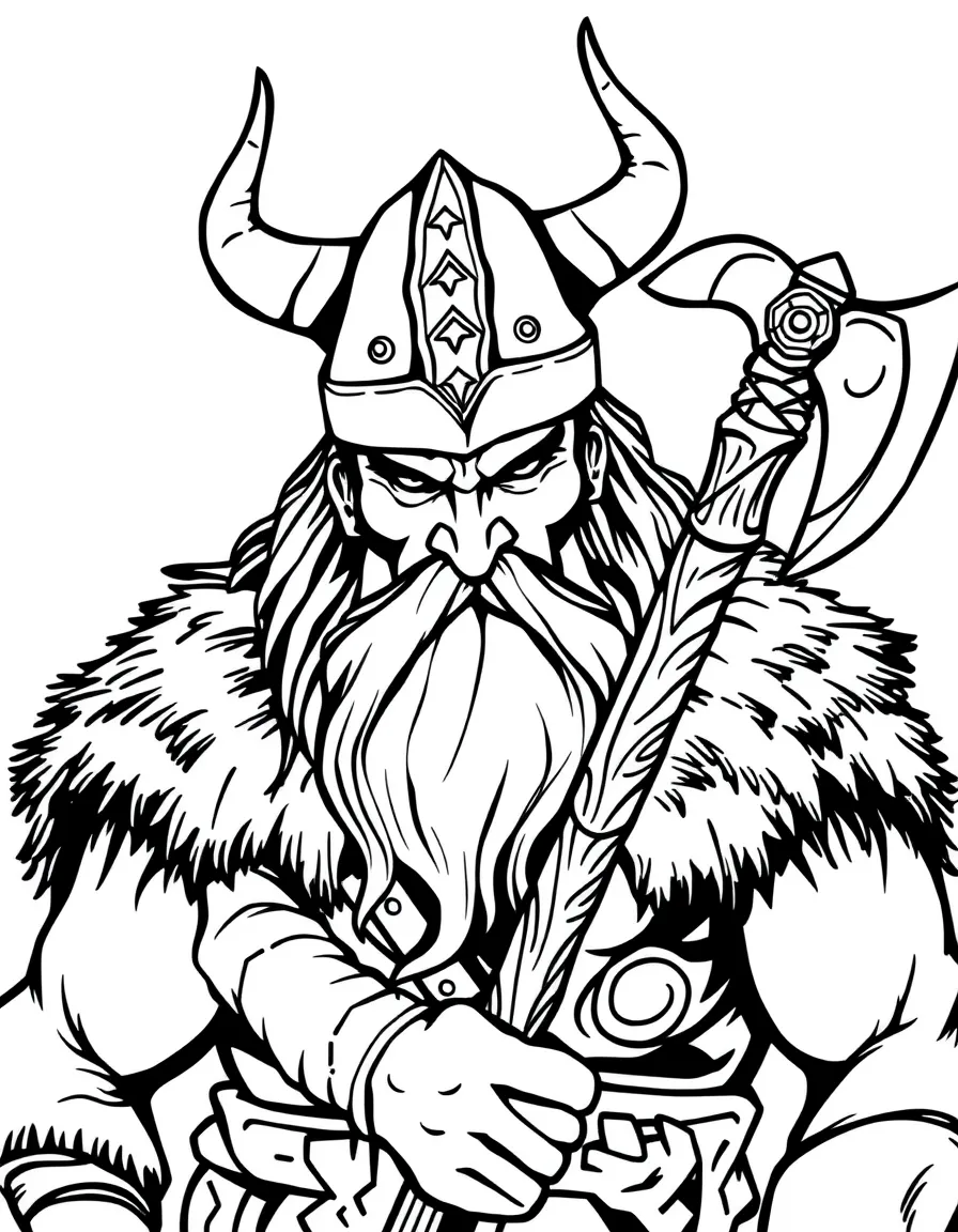 A Viking warrior with horned helmet and battle axe