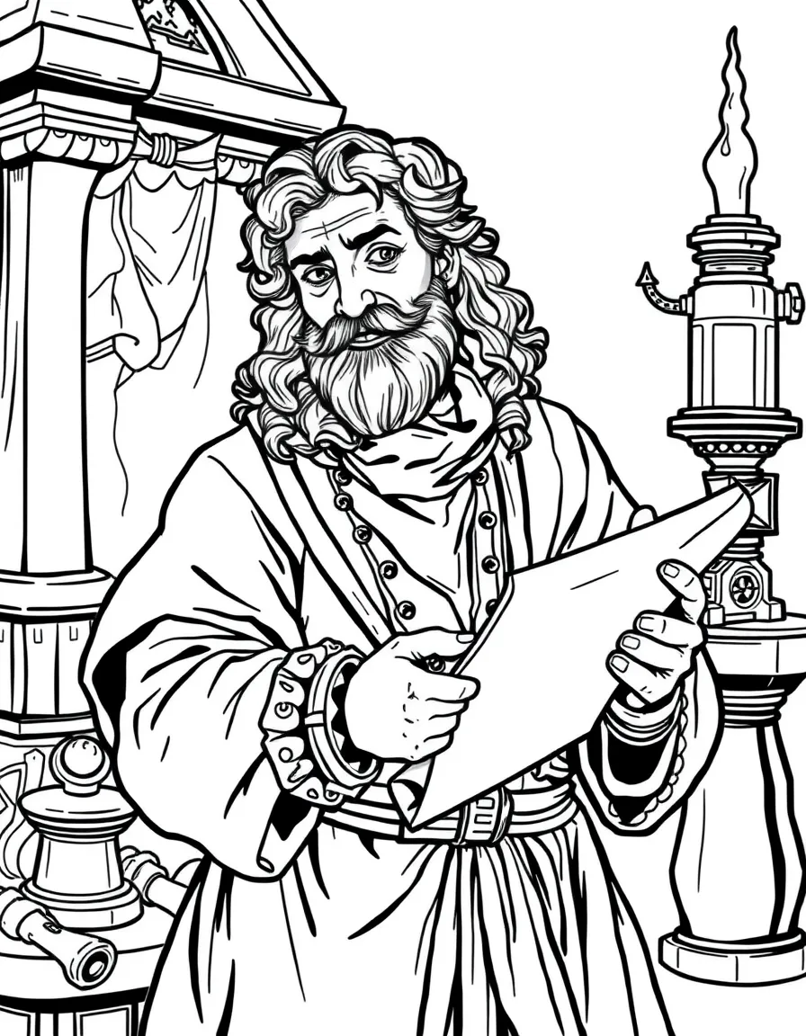 A Renaissance inventor with scrolls and experimental device