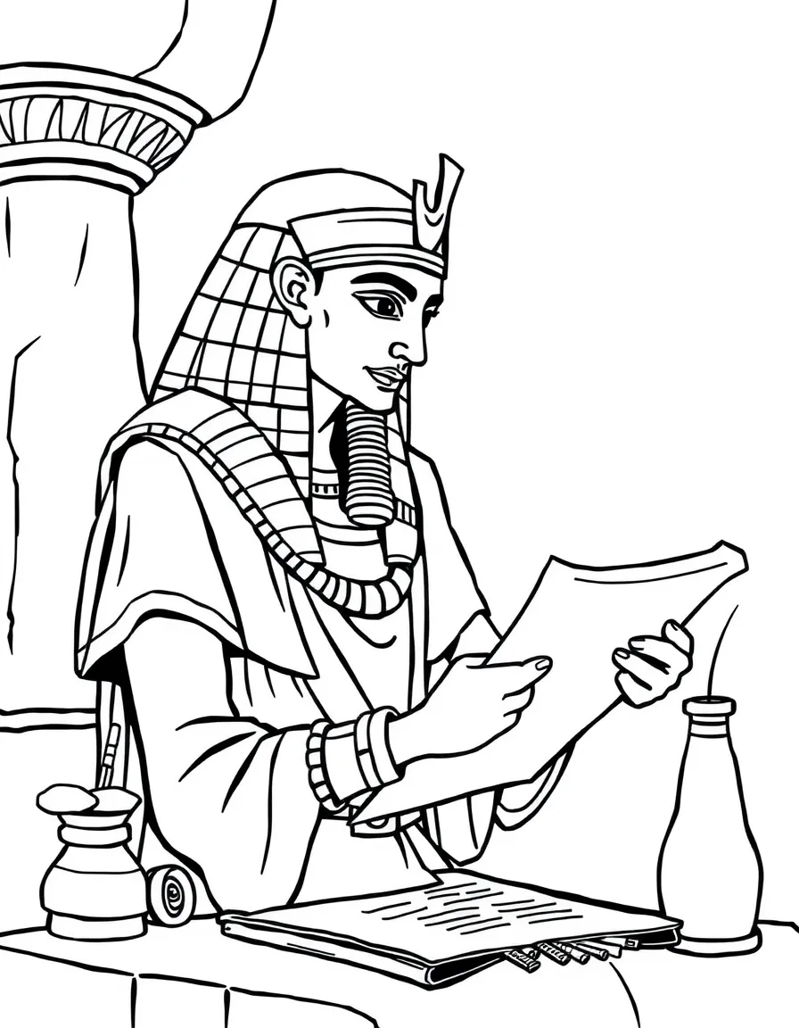 An ancient Egyptian scribe with papyrus and writing tools