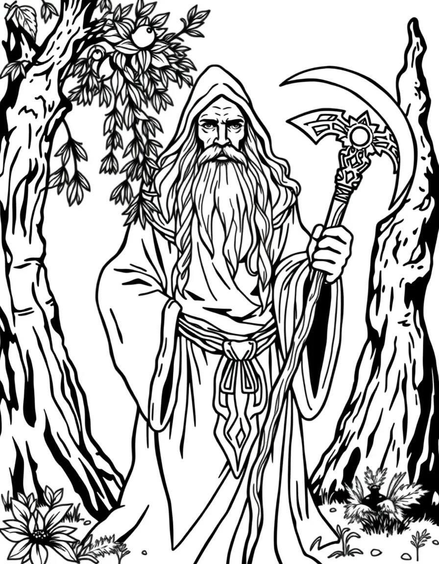 A Celtic druid with mistletoe and ceremonial sickle