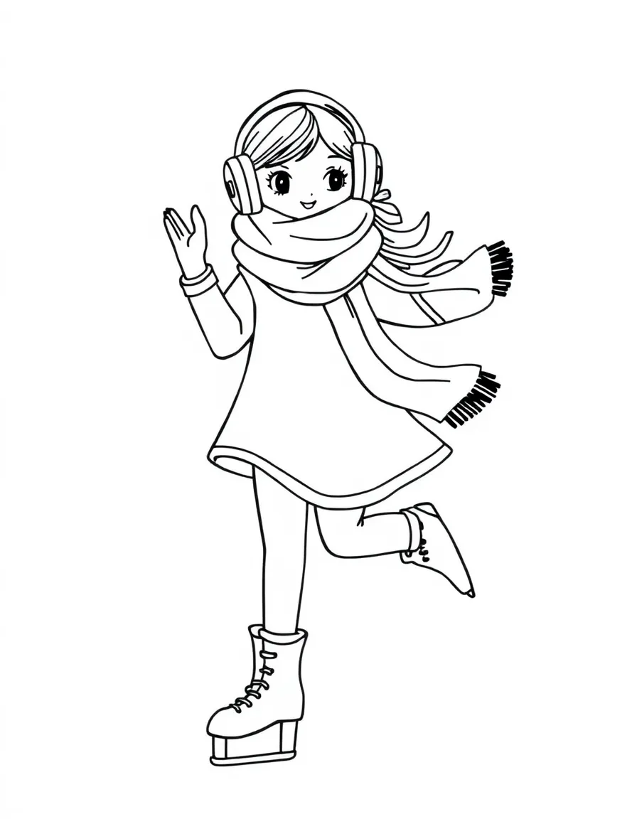 A winter ice skater with stylish scarf and earmuffs
