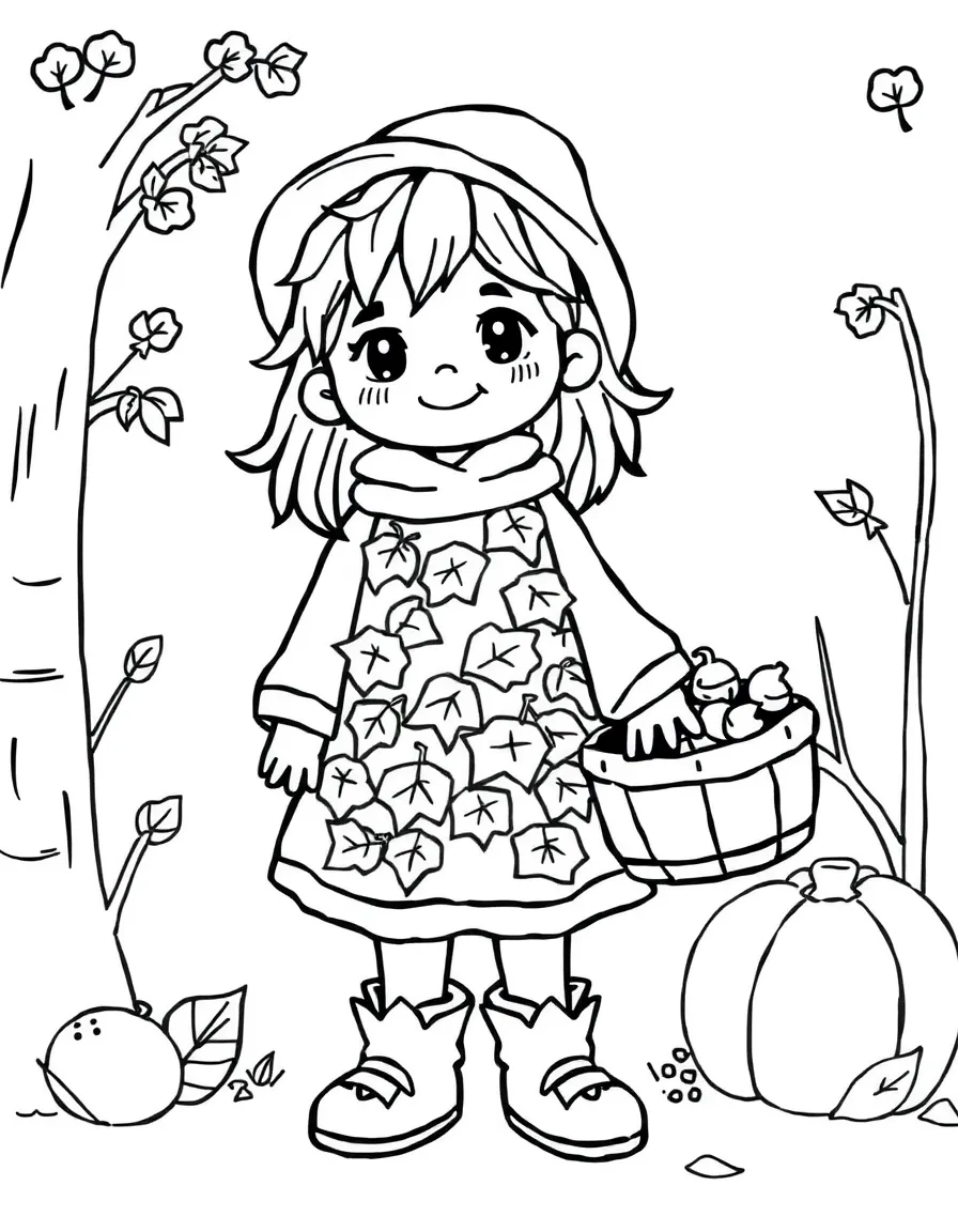 A fall harvest character with leaf-patterned clothes and basket