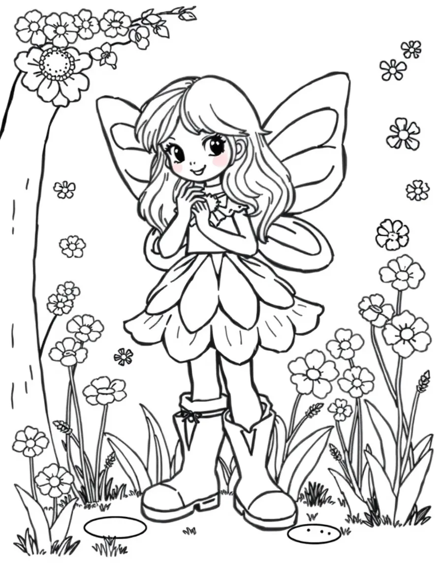 A spring flower fairy with petal dress and rain boots