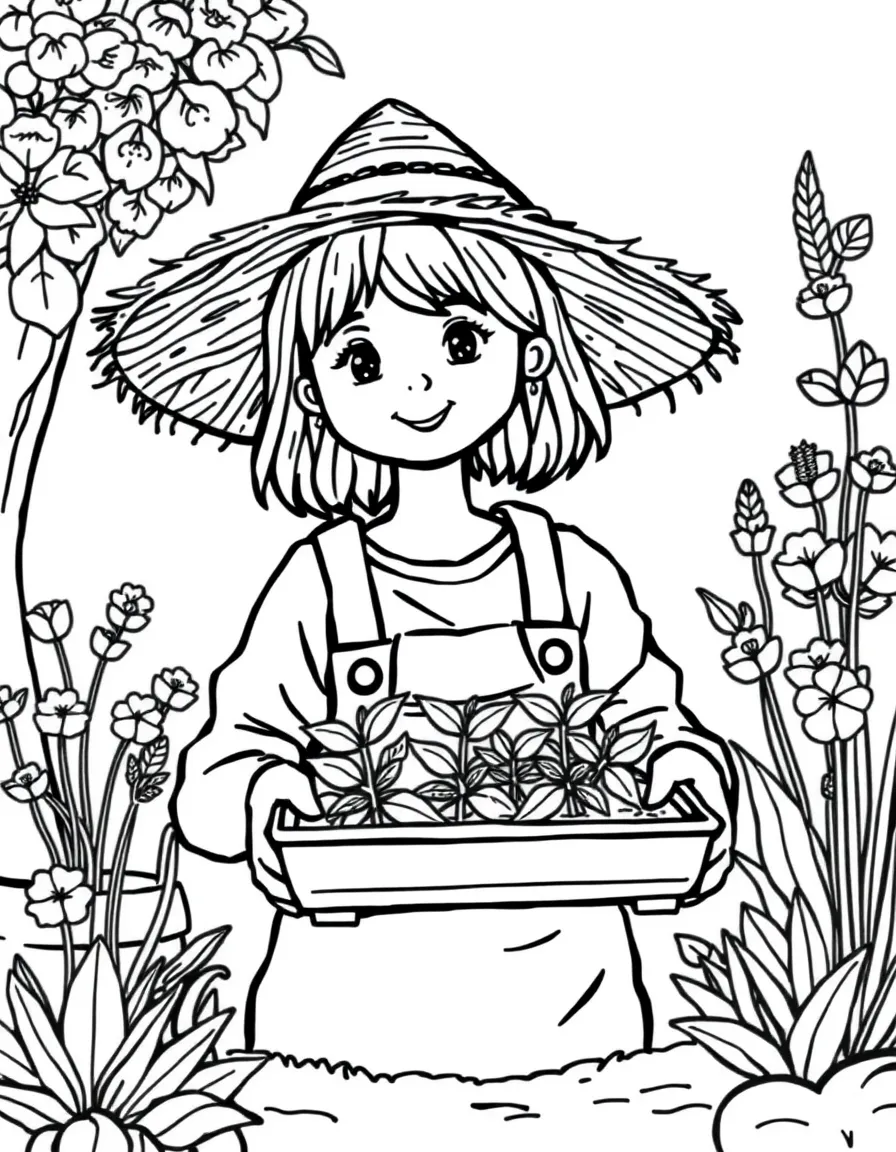 A spring gardener with straw hat and seedling tray