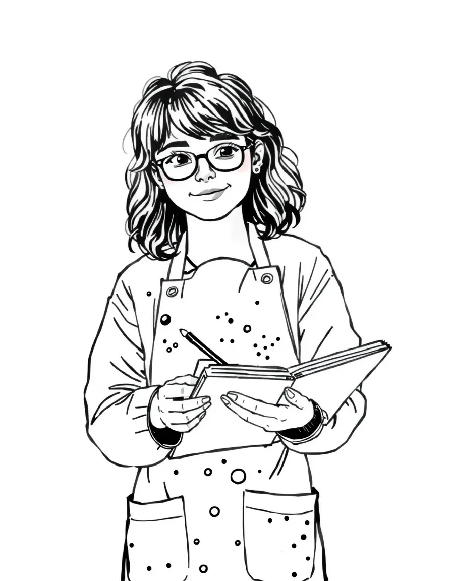 A artistic student with paint-splattered smock and sketchbook