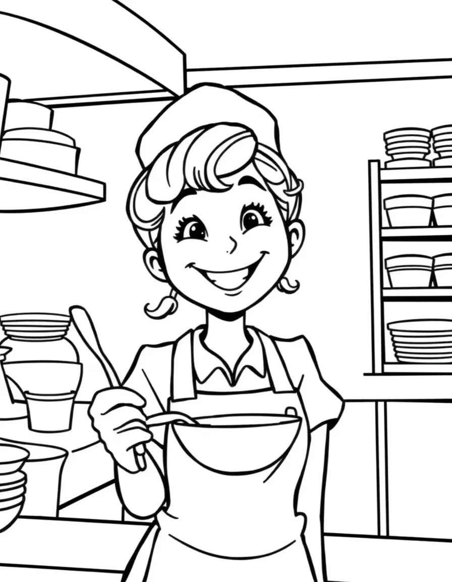 A friendly cafeteria worker with ladle and cheerful smile