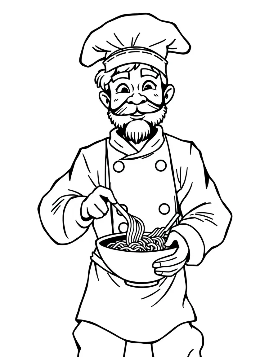 A ramen chef with noodle-themed clothing and soup ladle