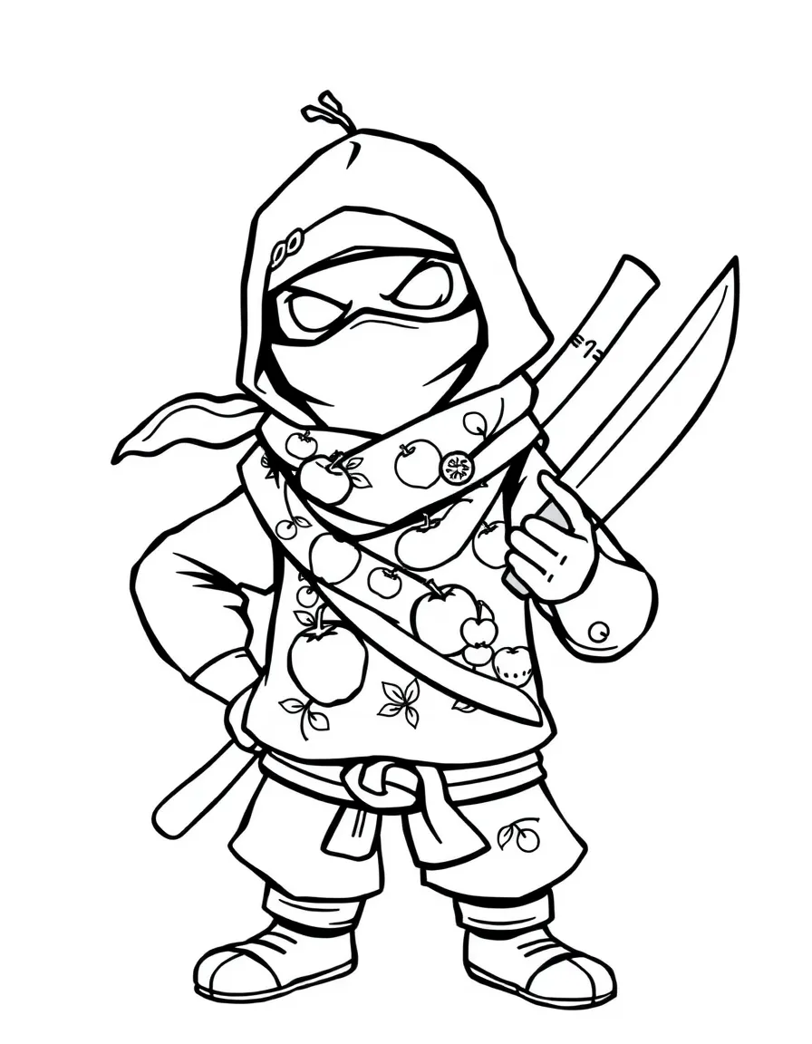 A fruit ninja with produce-patterned scarf and knife