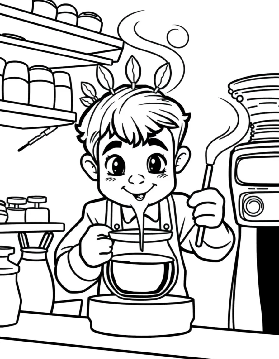 A coffee barista with bean-shaped pins and steam wand