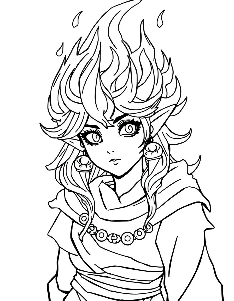 A fire mage with flame-shaped hair and ember accessories