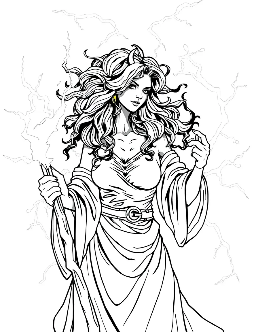 A lightning sorceress with electric hair and charged staff