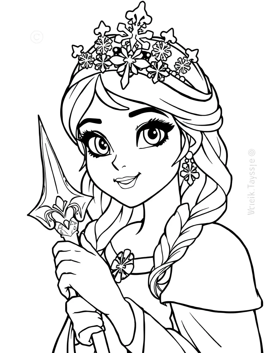 An ice princess with snowflake tiara and frozen scepter