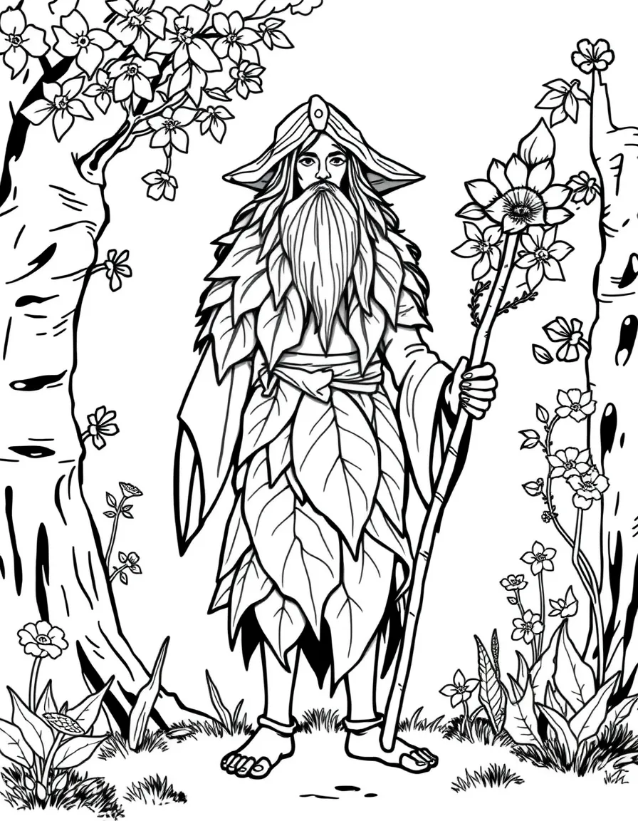 A nature druid with leaf clothing and flowering staff