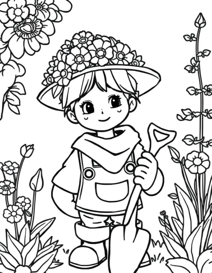 A gardener with flower-themed hat and trowel