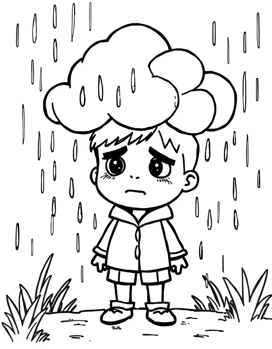 A melancholy character with rain cloud overhead