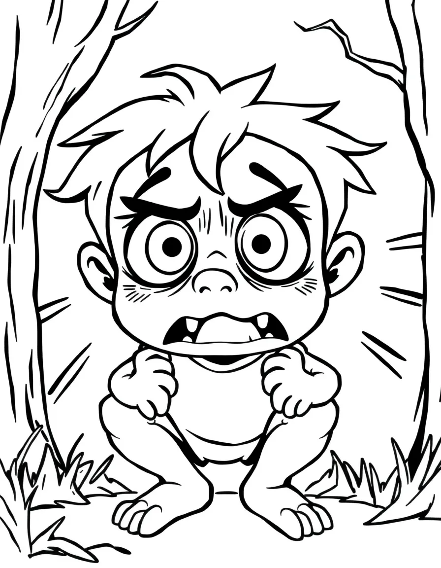 A frightened character with wide eyes and trembling knees