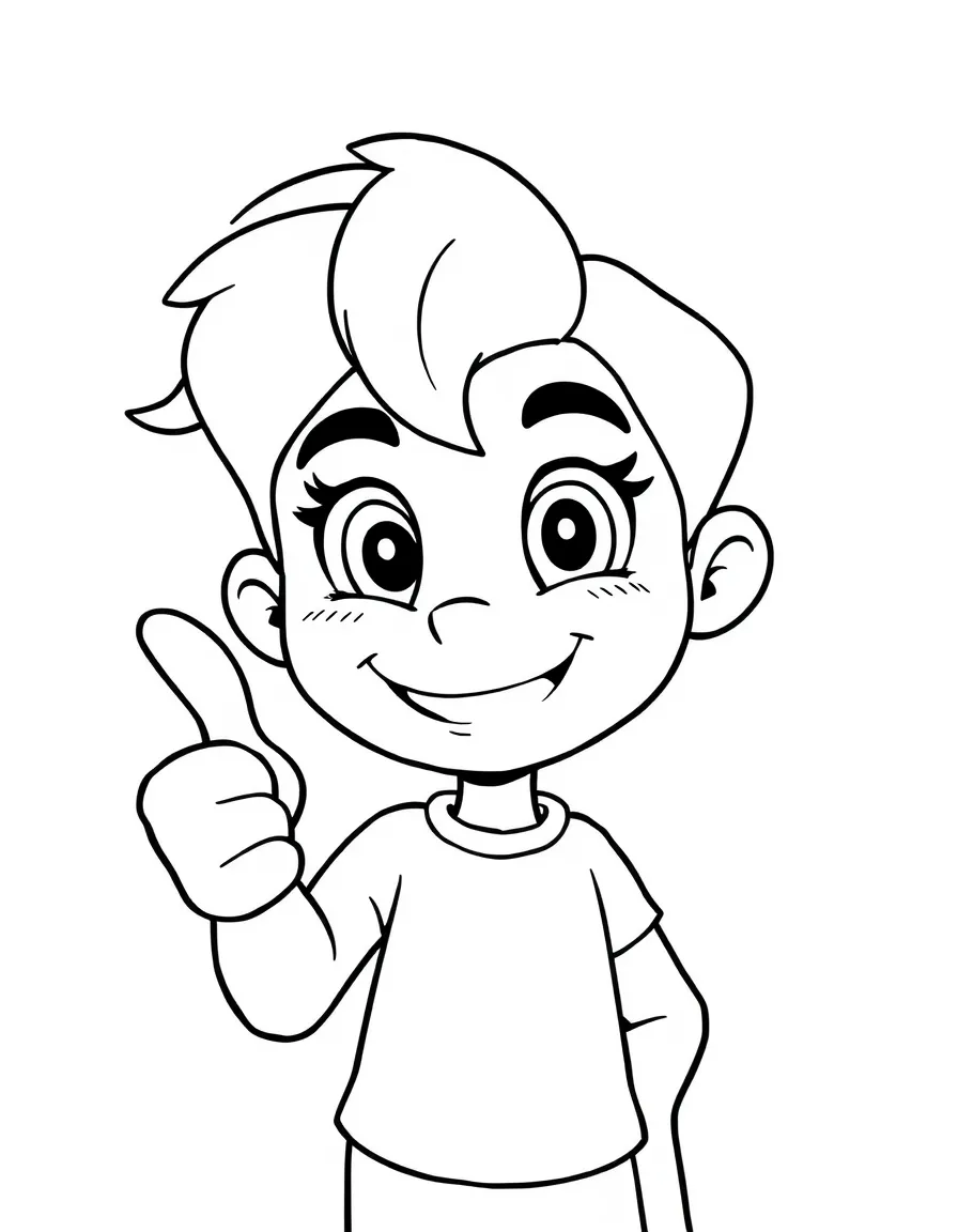 A confident character with sparkling smile and thumbs up