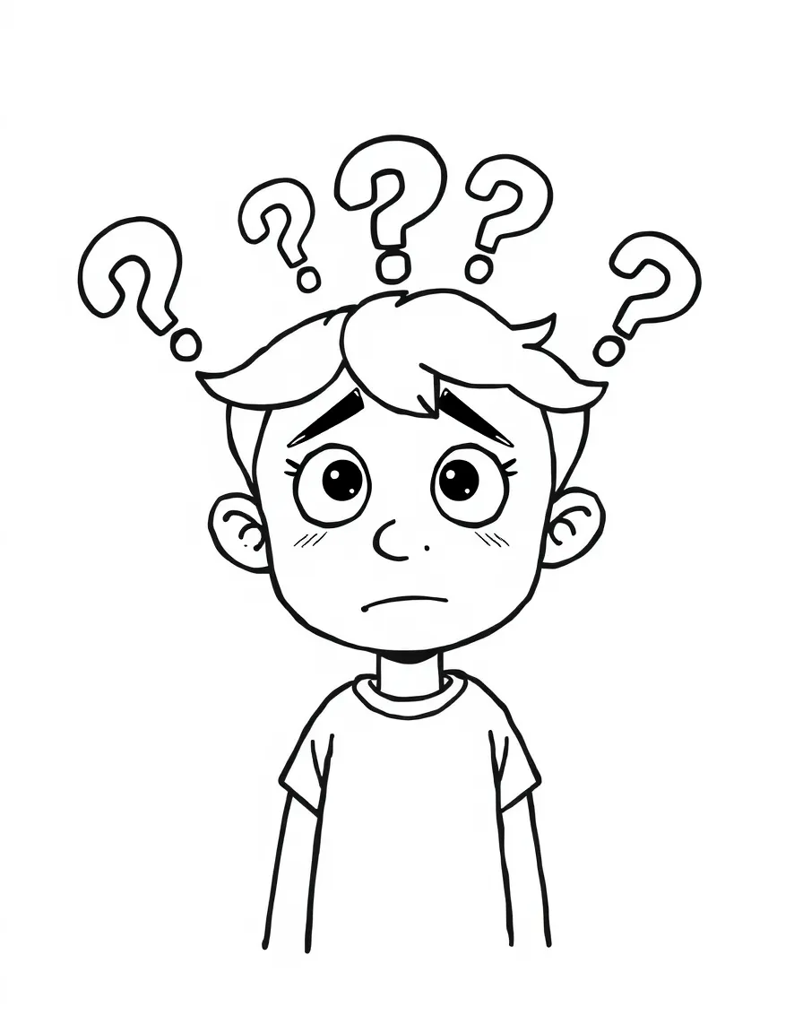 A confused character with question marks circling head