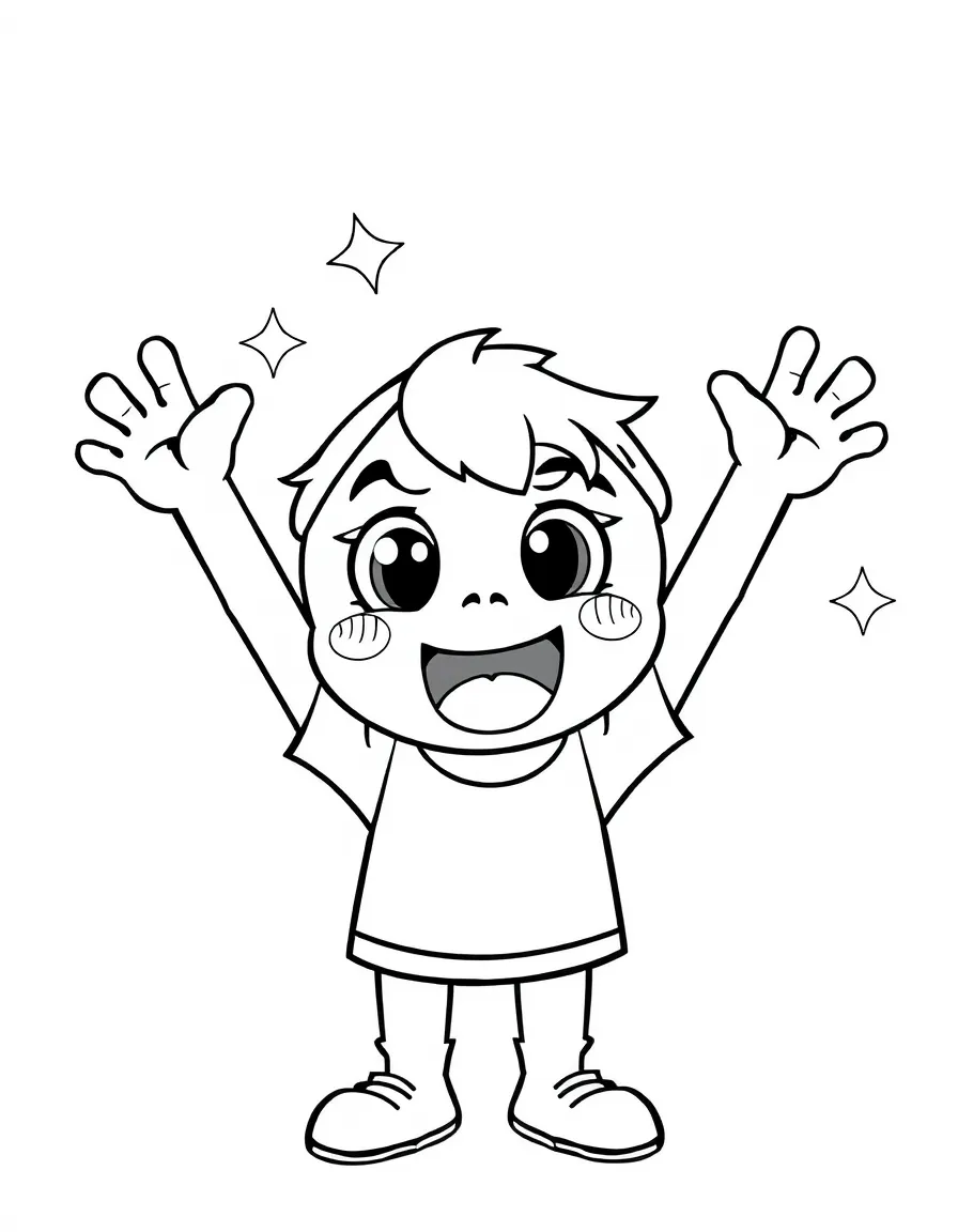 An excited character with star-shaped eyes and raised arms