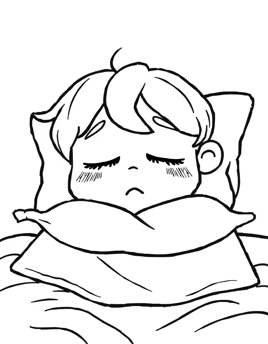 A sleepy character with droopy eyes and pillow