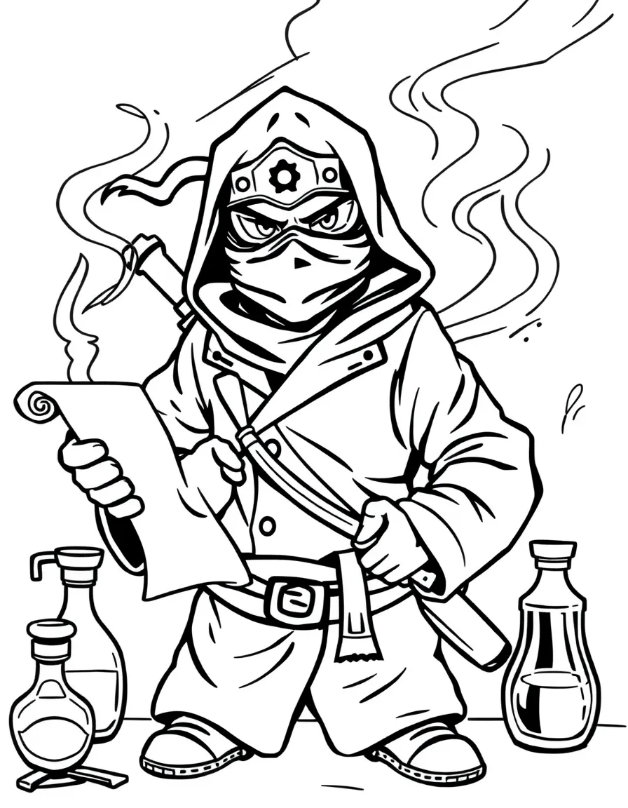 A ninja scientist with scrolls and lab equipment