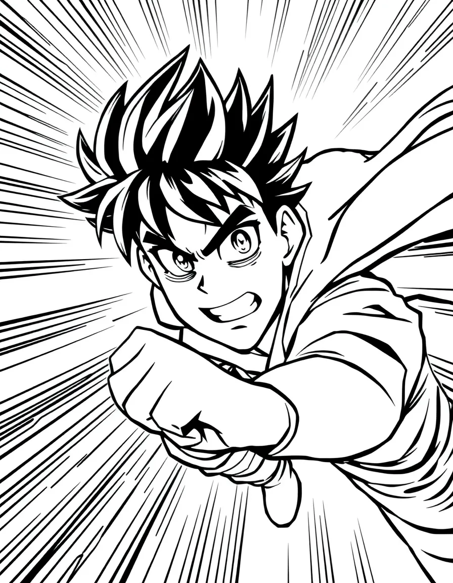 A manga-style character with speed lines and action pose
