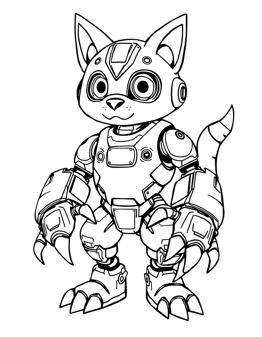 Half-robot, half-animal character with mechanical paws