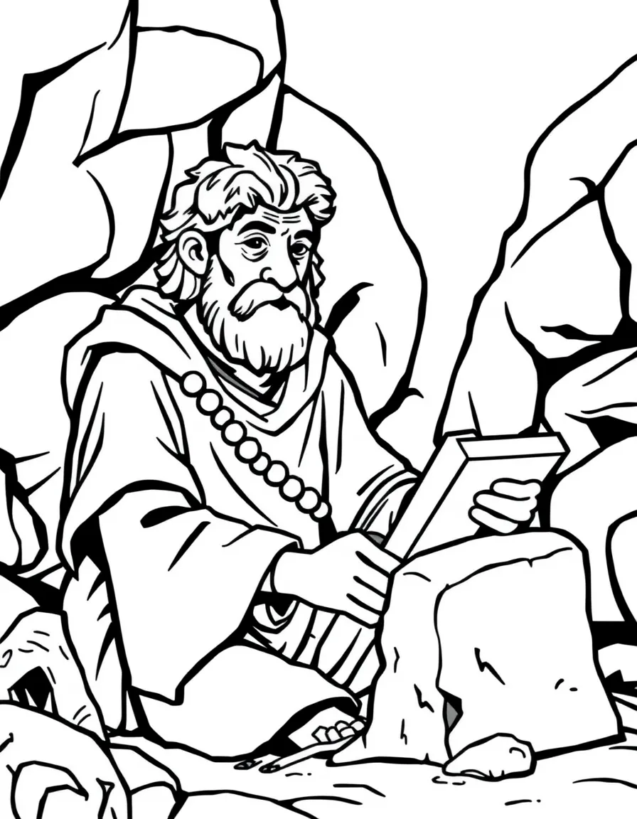 A prehistoric scientist with stone tablet computer and bone tools