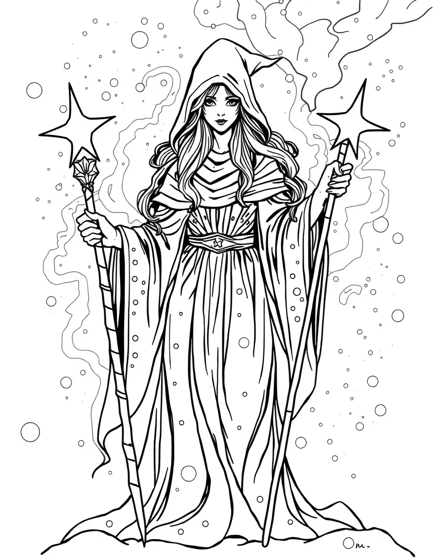 A nebula sorceress with cosmic dust robes and star staff