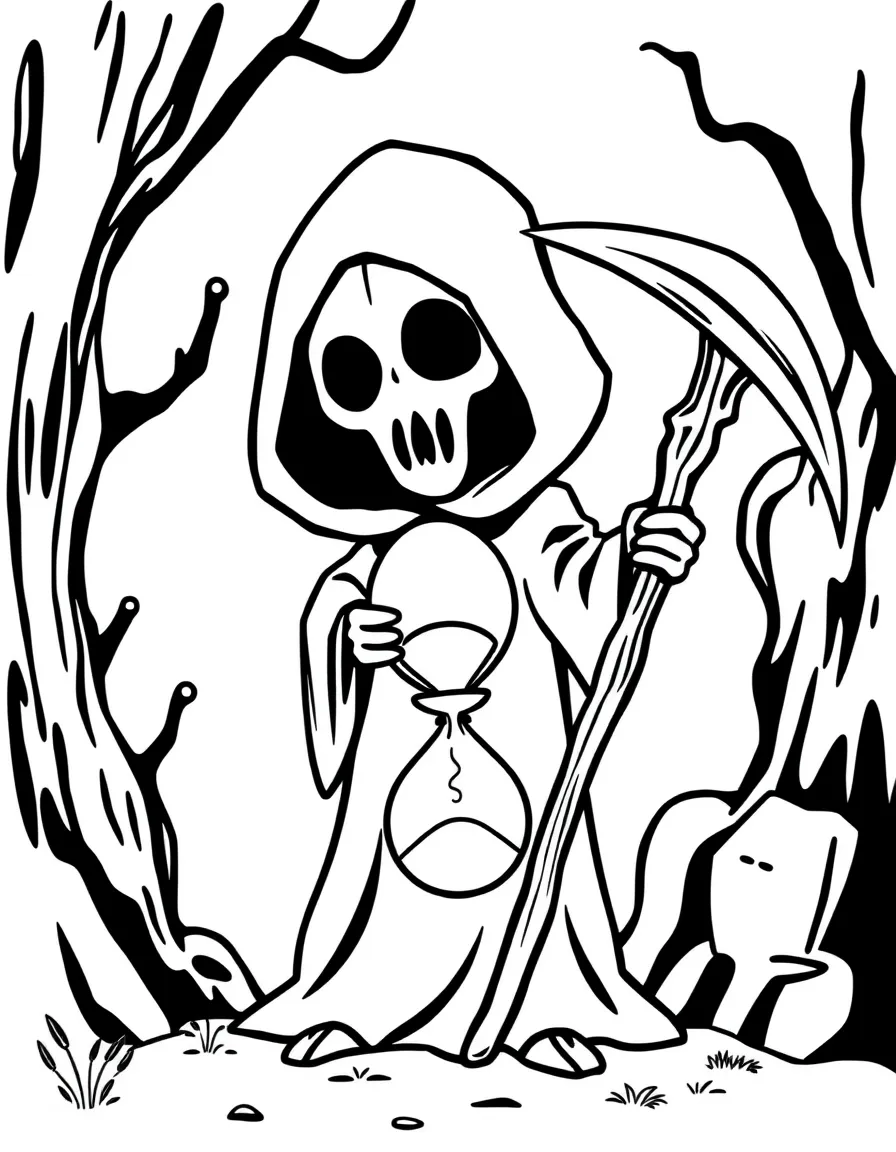 A friendly grim reaper with cute scythe and hourglass