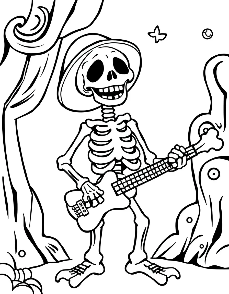A cheerful skeleton musician with bone instruments
