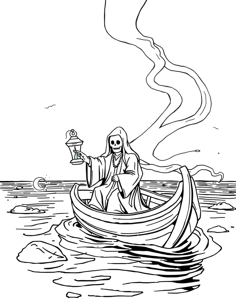 A soul ferryman with lantern and spectral boat