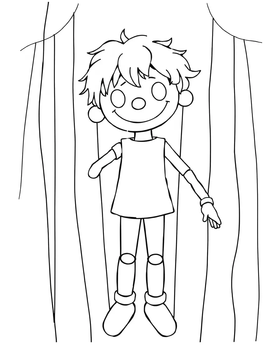 A puppet character with visible strings and wooden joints