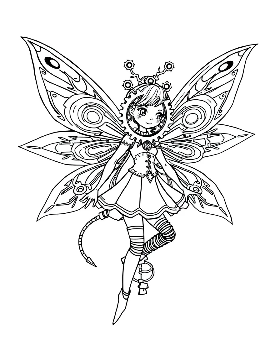 A clockwork fairy with gear wings and spring limbs