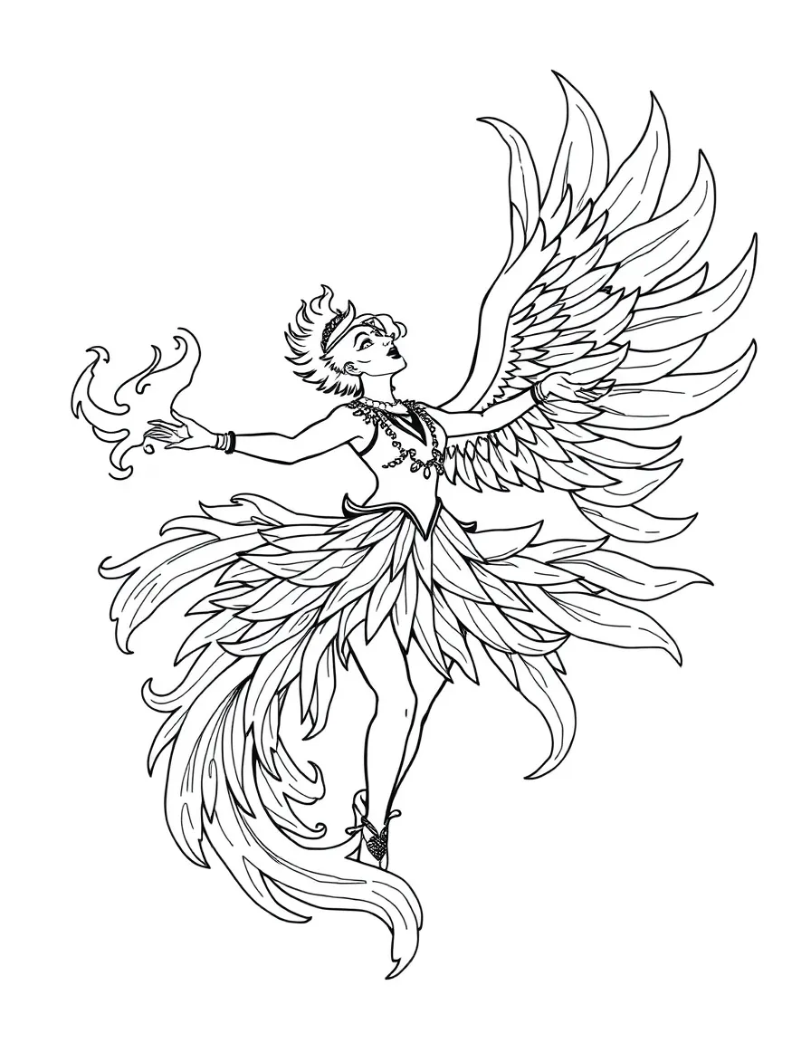 A phoenix dancer with flame ribbons and feathered costume