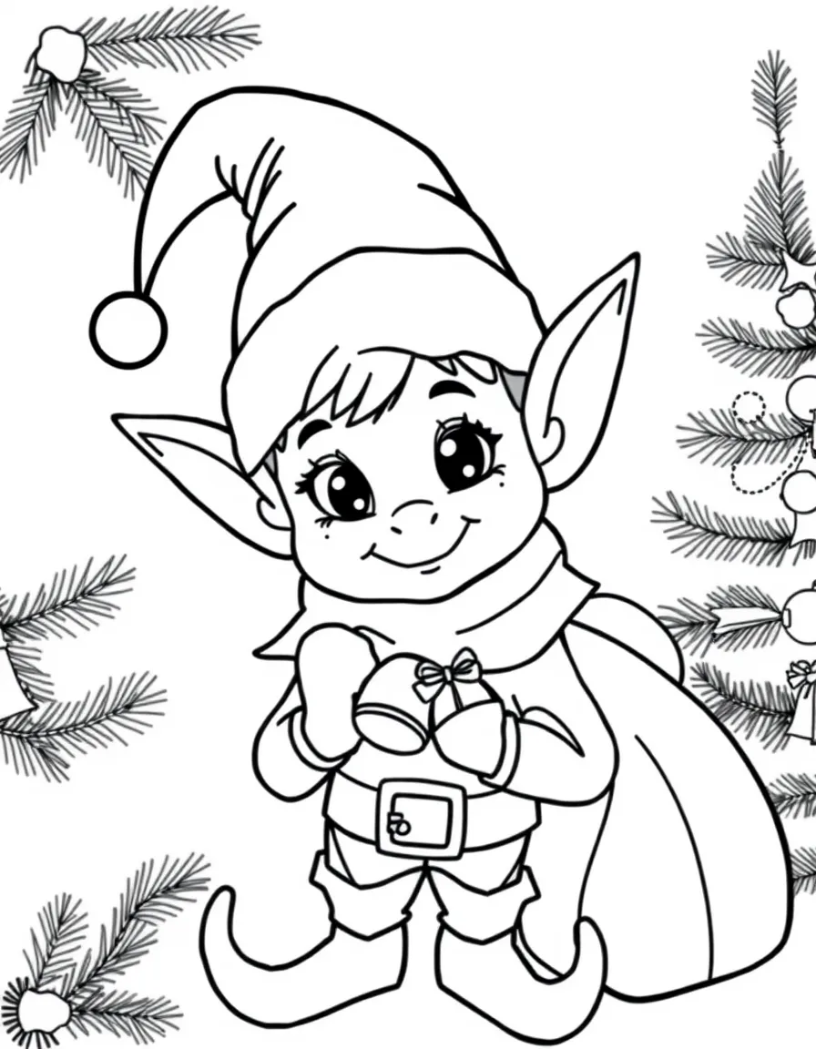 A Christmas elf with jingle bell accessories and gift bag
