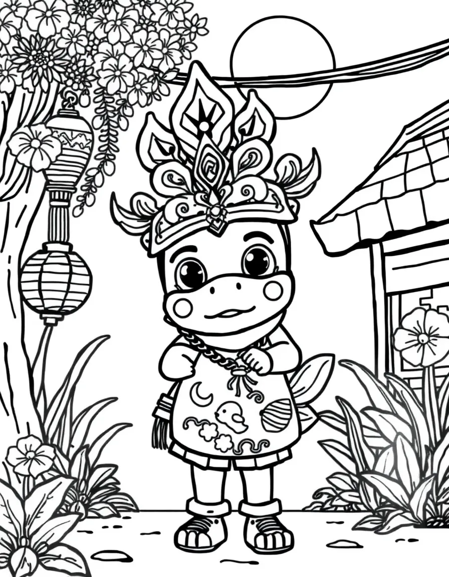 A summer festival character with mask and goldfish bag
