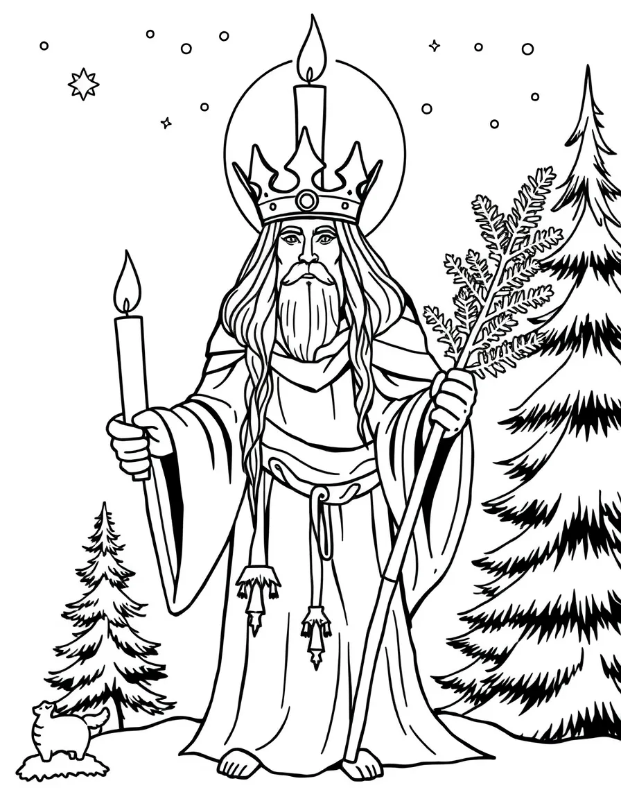 A winter solstice guardian with candle crown and evergreen staff