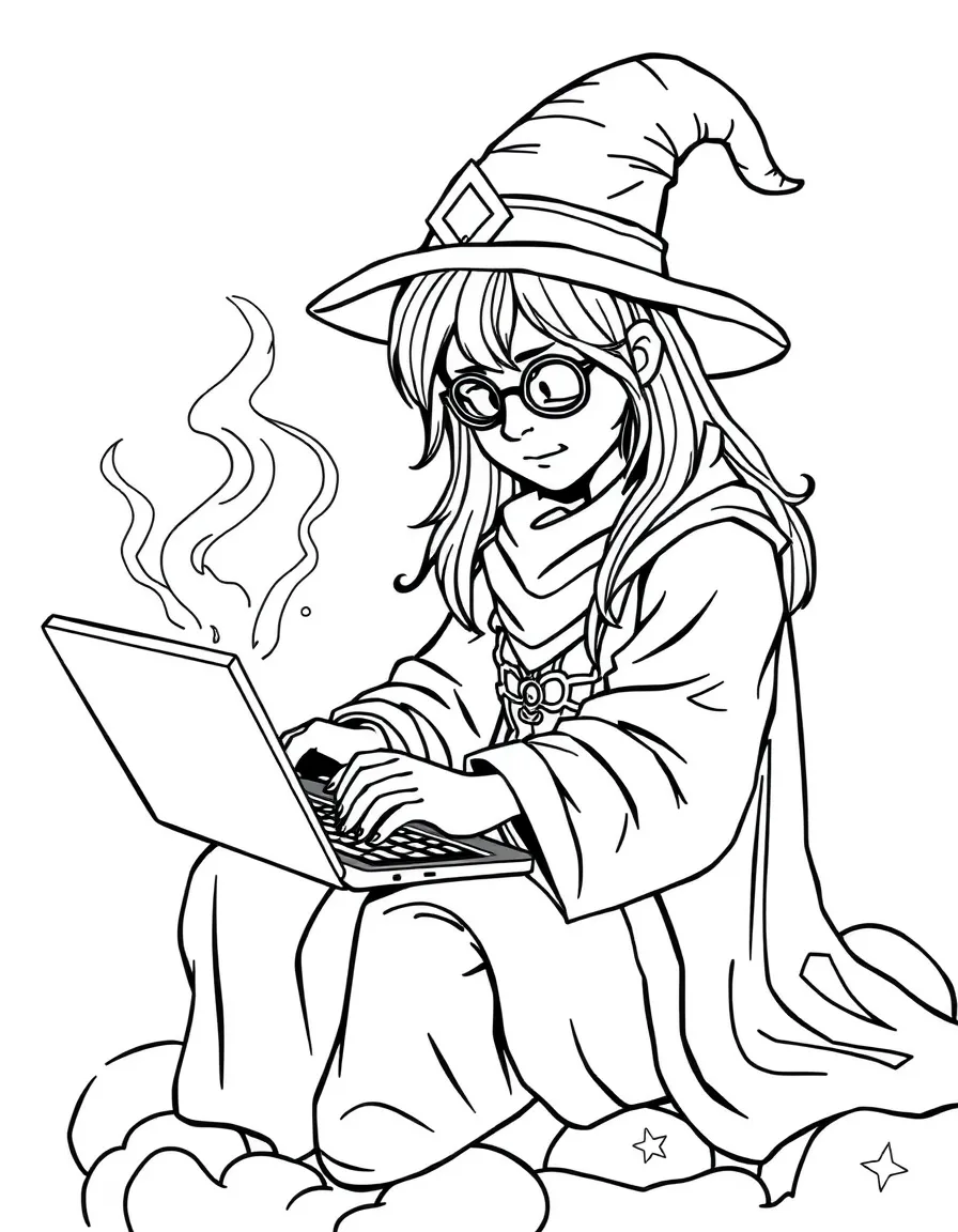 A techno-mage coding spells on a magical laptop