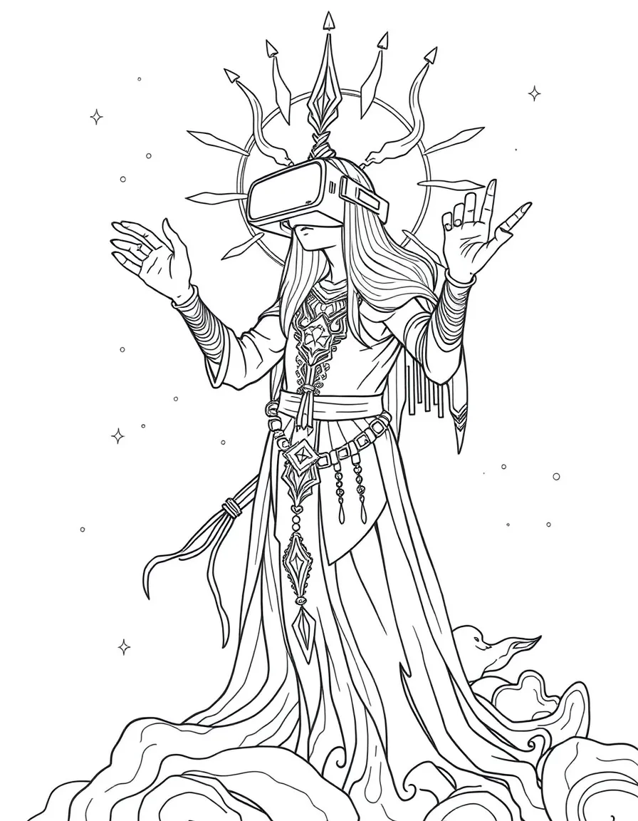 A virtual reality spirit guide navigating digital realms