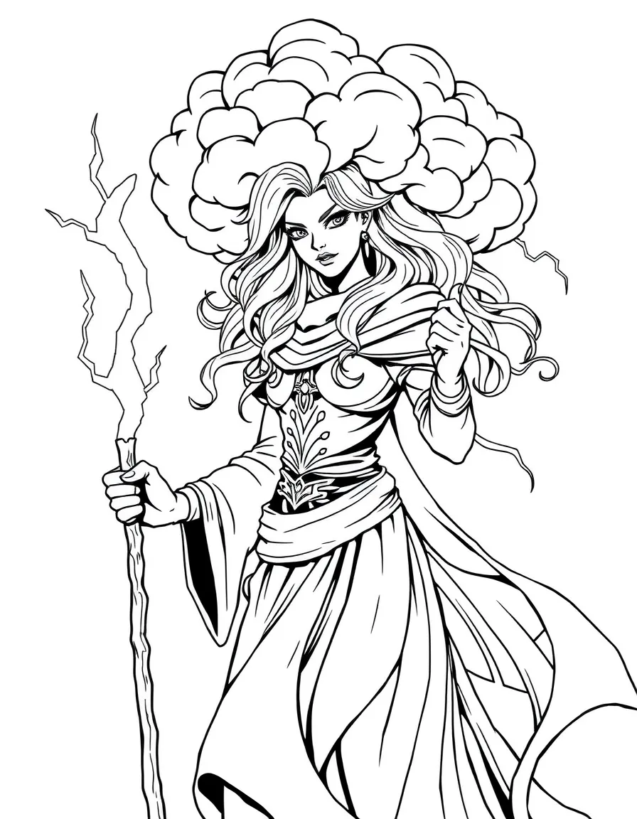 A storm sorceress with cloud hair and lightning staff