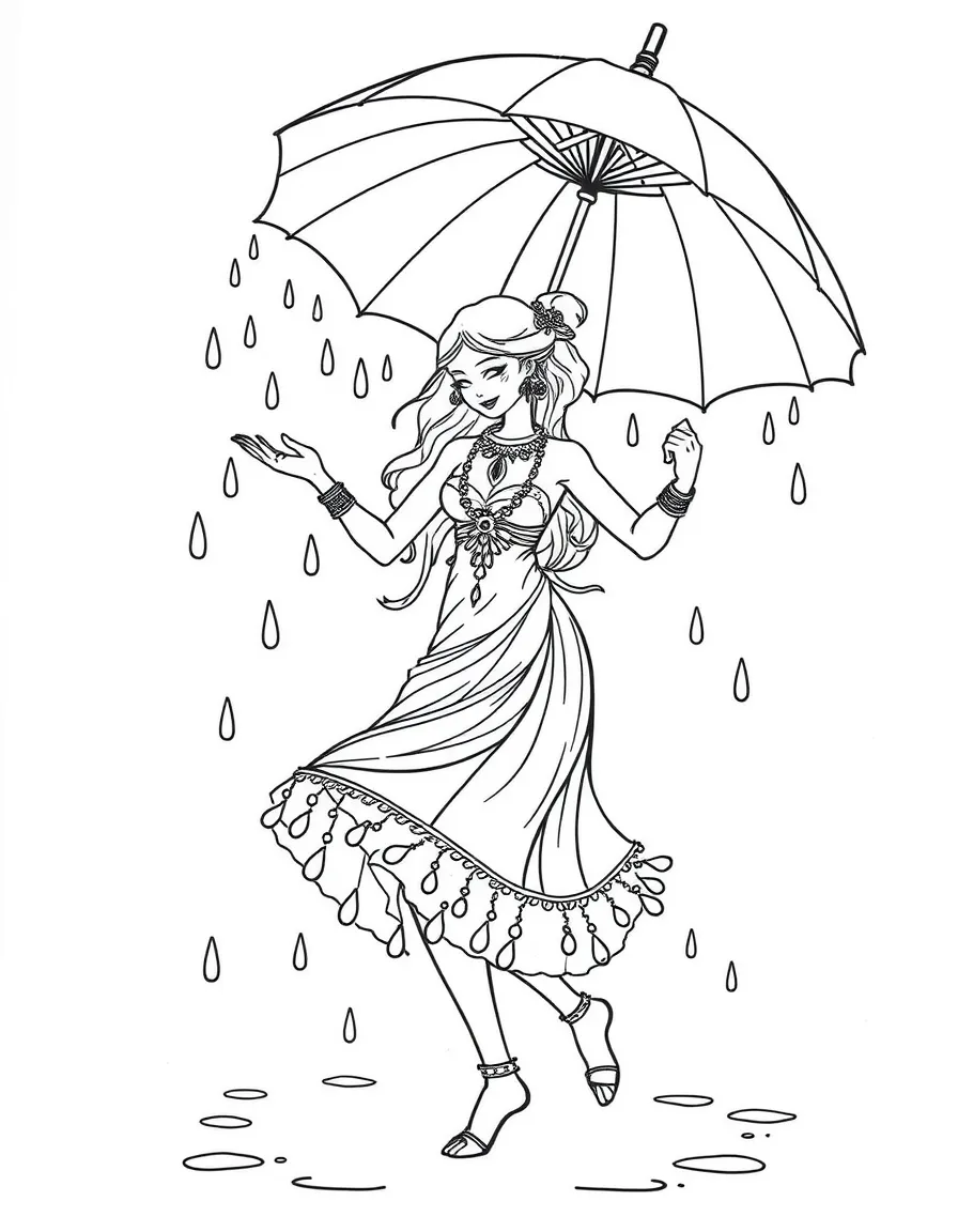 A rain dancer with droplet jewelry and umbrella staff