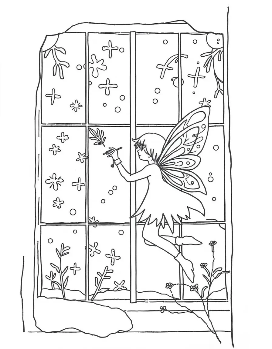 A frost fairy leaving icy patterns on windows