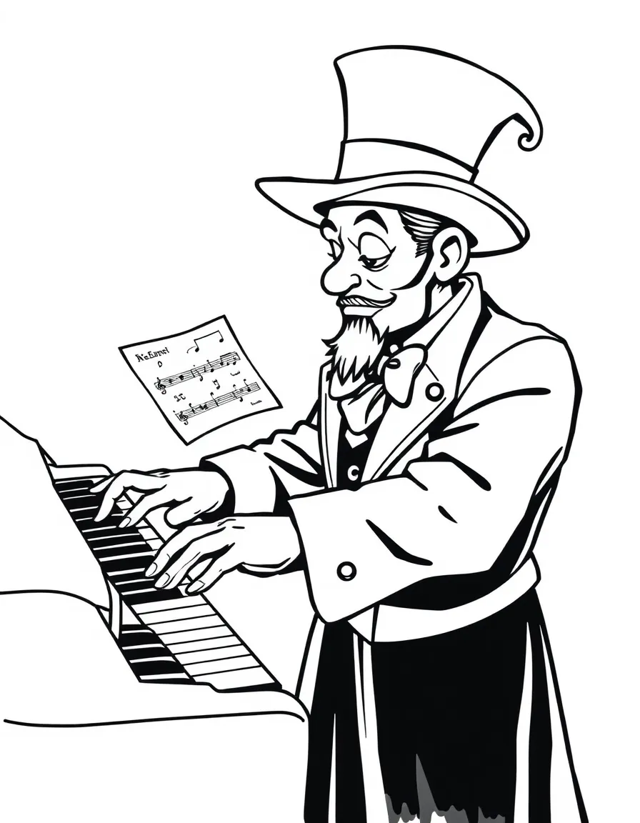 A piano magician with keyboard gloves and sheet music