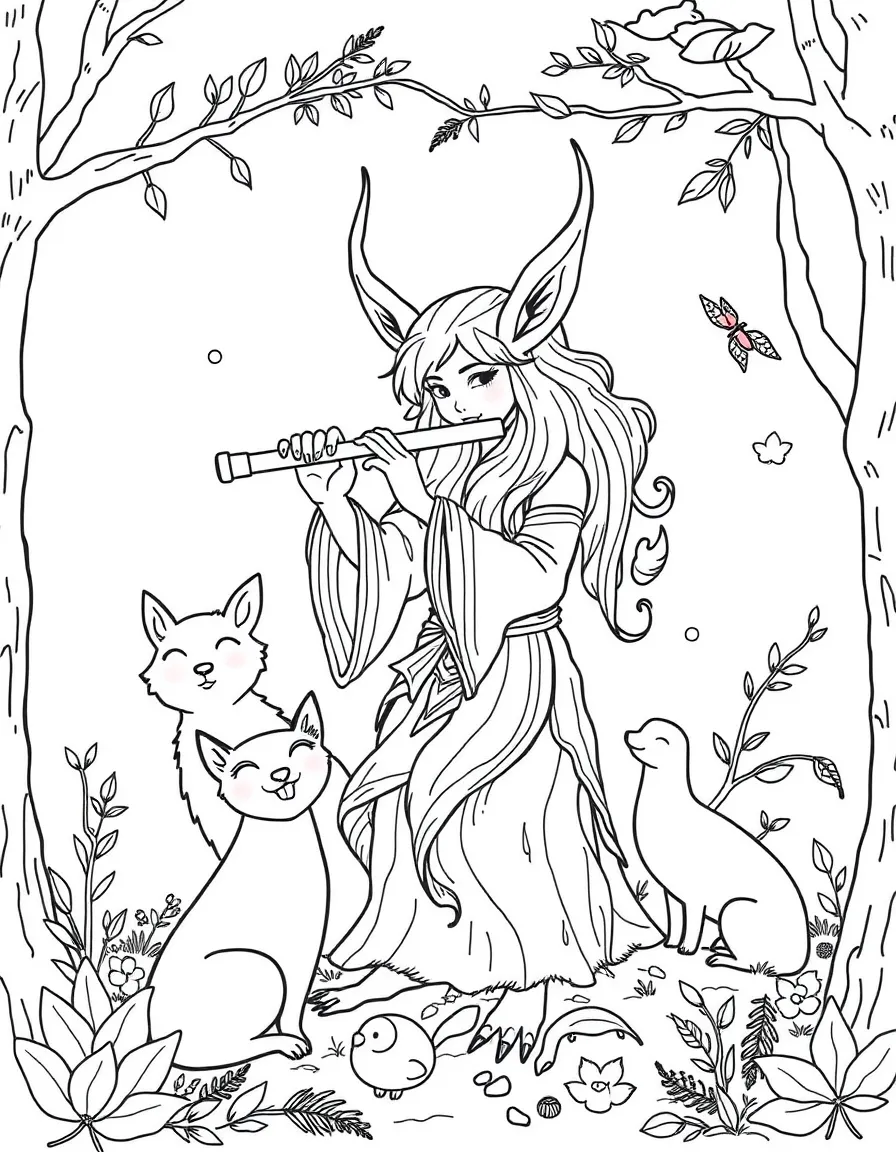A flute-playing forest spirit charming animals