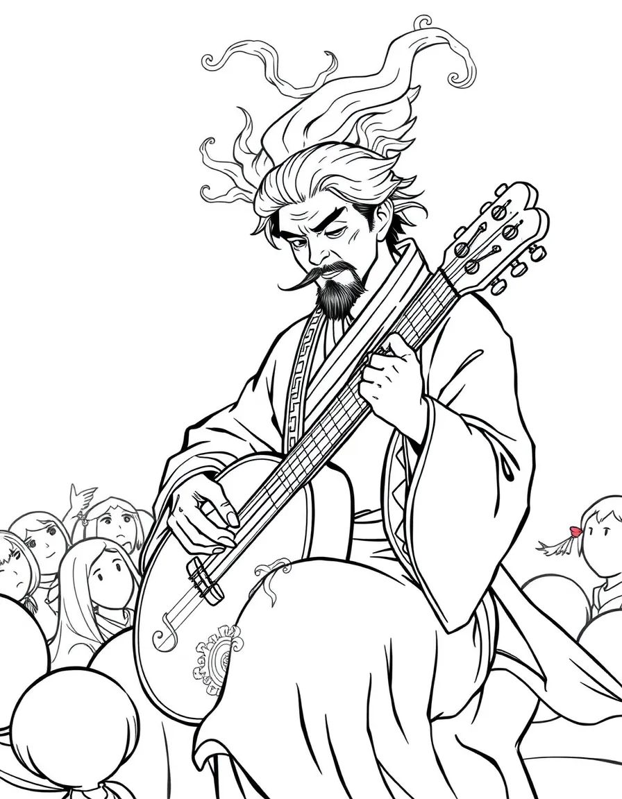 A traditional shamisen player with supernatural audience