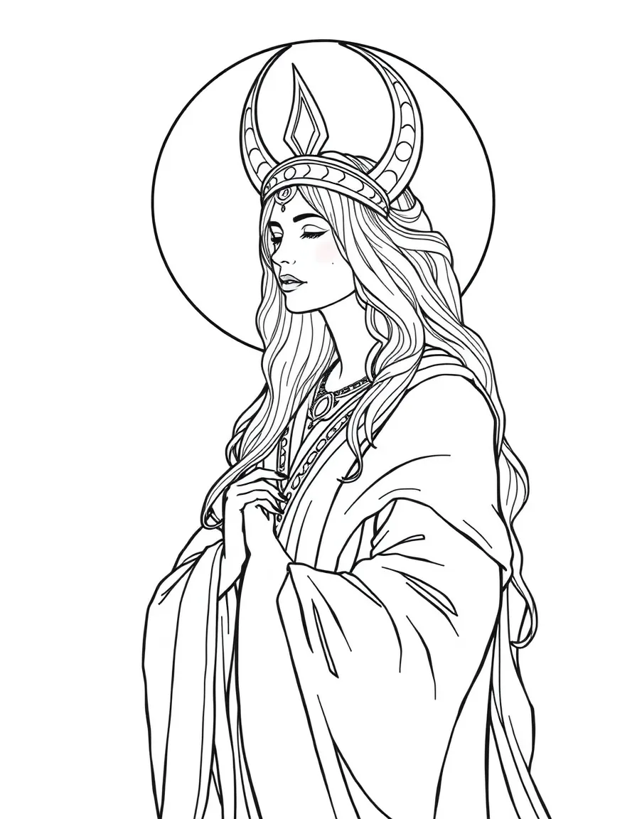 A moon priestess with lunar cycle crown and silver robes
