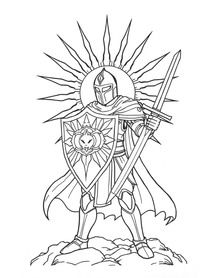 A solar knight with sun-shaped shield and radiant sword