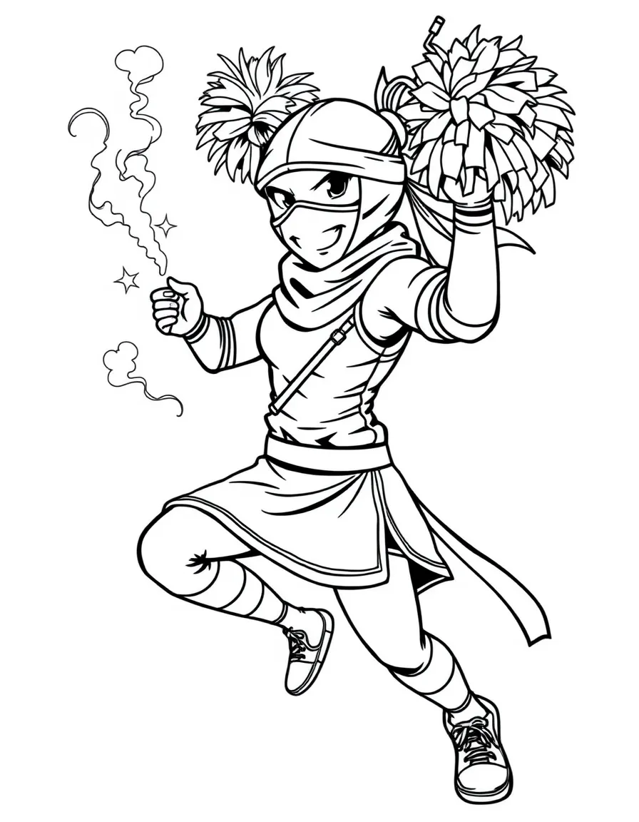 A ninja cheerleader with pom-poms and smoke bombs